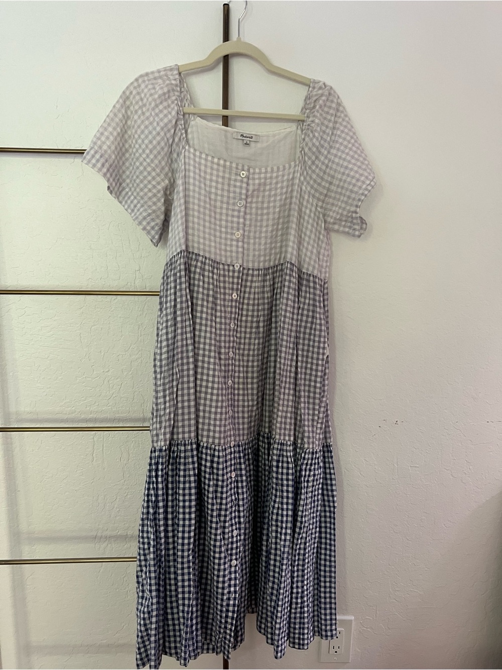 Madewell Patchwork Gingham Button Front Tiered Midi Dress - Picture 4 of 5